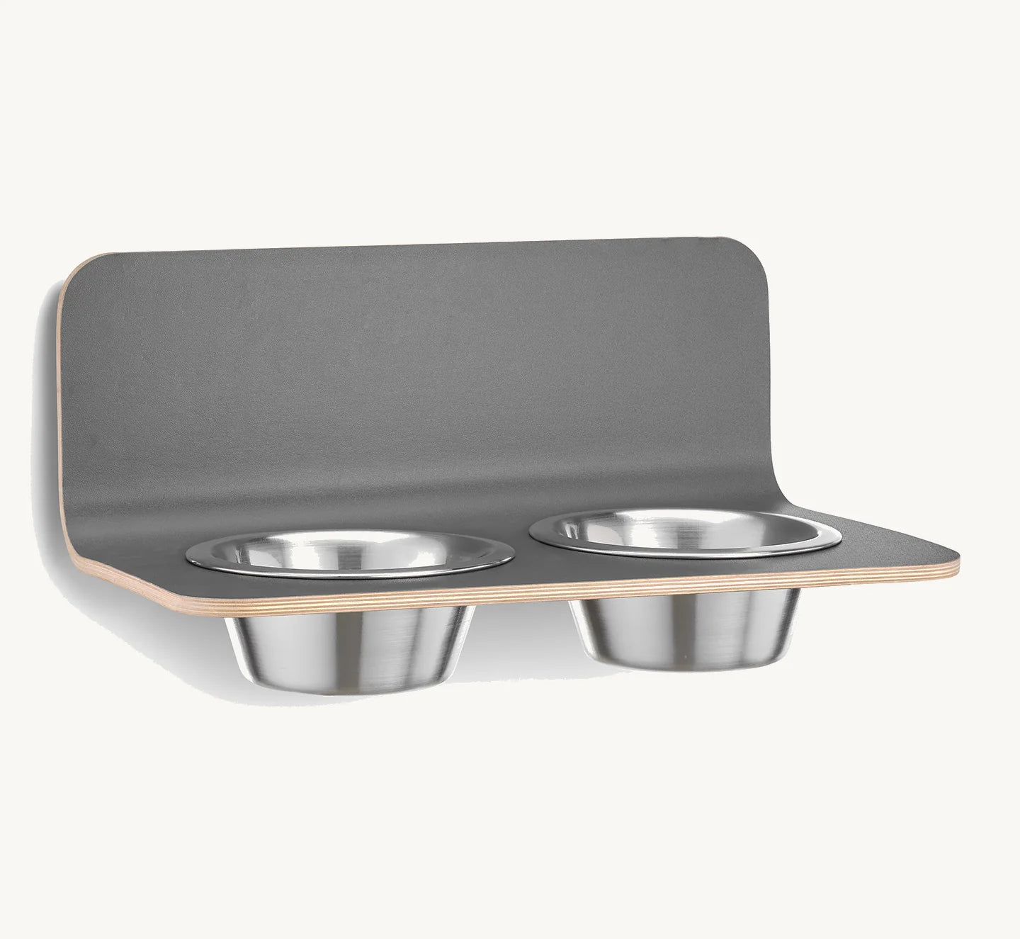 Arco porte-gamelle mural design pour chien, coloris gris HPL, bols inox, taille M — Maison Canisya