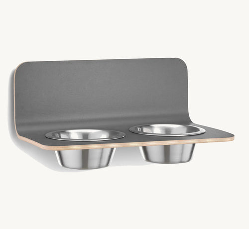Arco porte-gamelle mural design pour chien, coloris gris HPL, bols inox, taille M — Maison Canisya