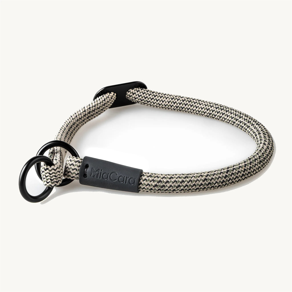 Collier coulissant Monza — vue d'ensemble du collier posé, corde nylon tressée coloris Asphalte — Maison Canisya
