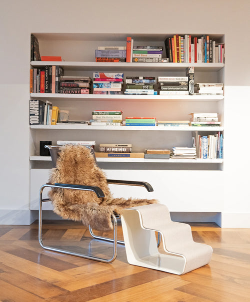 Beam 3 Marches – Escalier chien design dans une bibliothèque avec fauteuil vintage – Maison Canisya