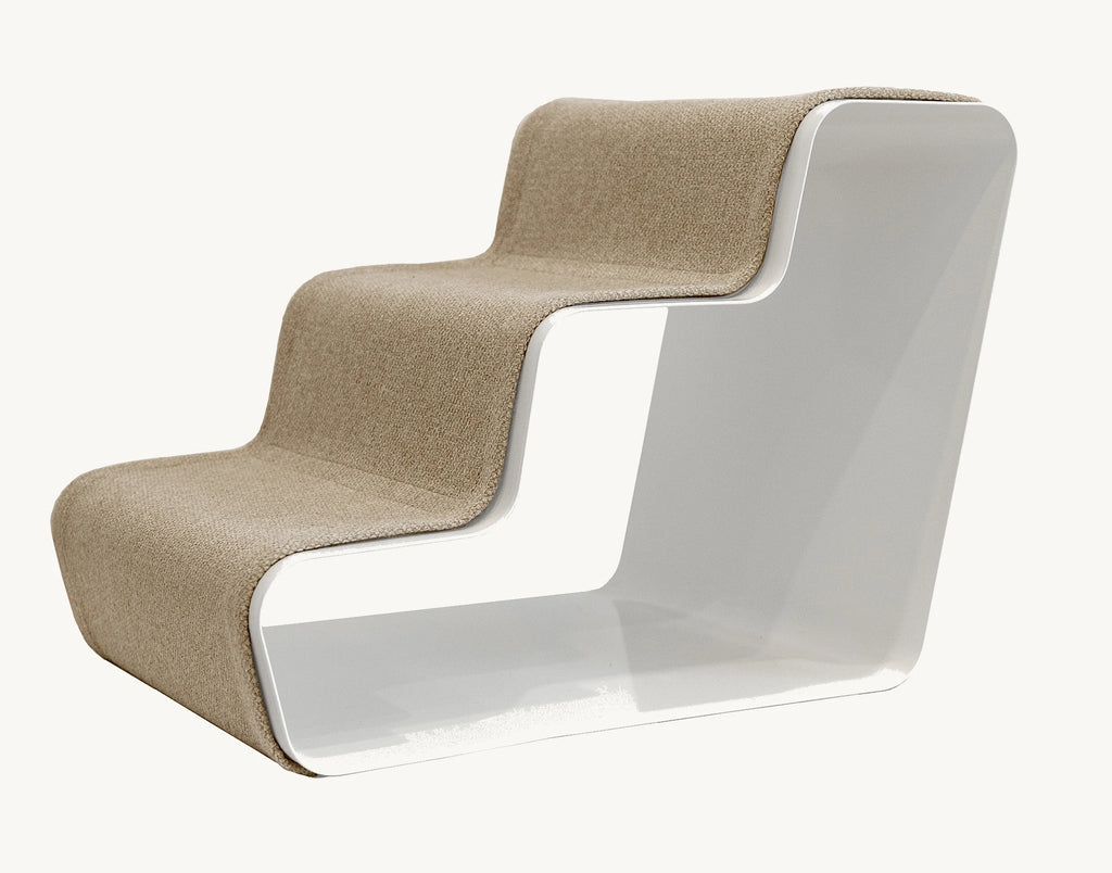 Beam 3 Marches – Escalier chien trois marches, structure blanche et tissu sable – Maison Canisya