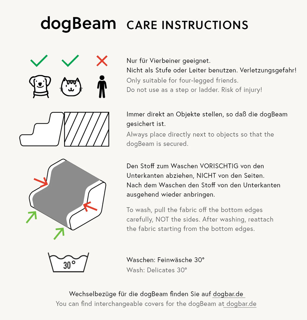 Beam – Instructions d'entretien et de pose, pictogrammes lavage et sécurité – Maison Canisya