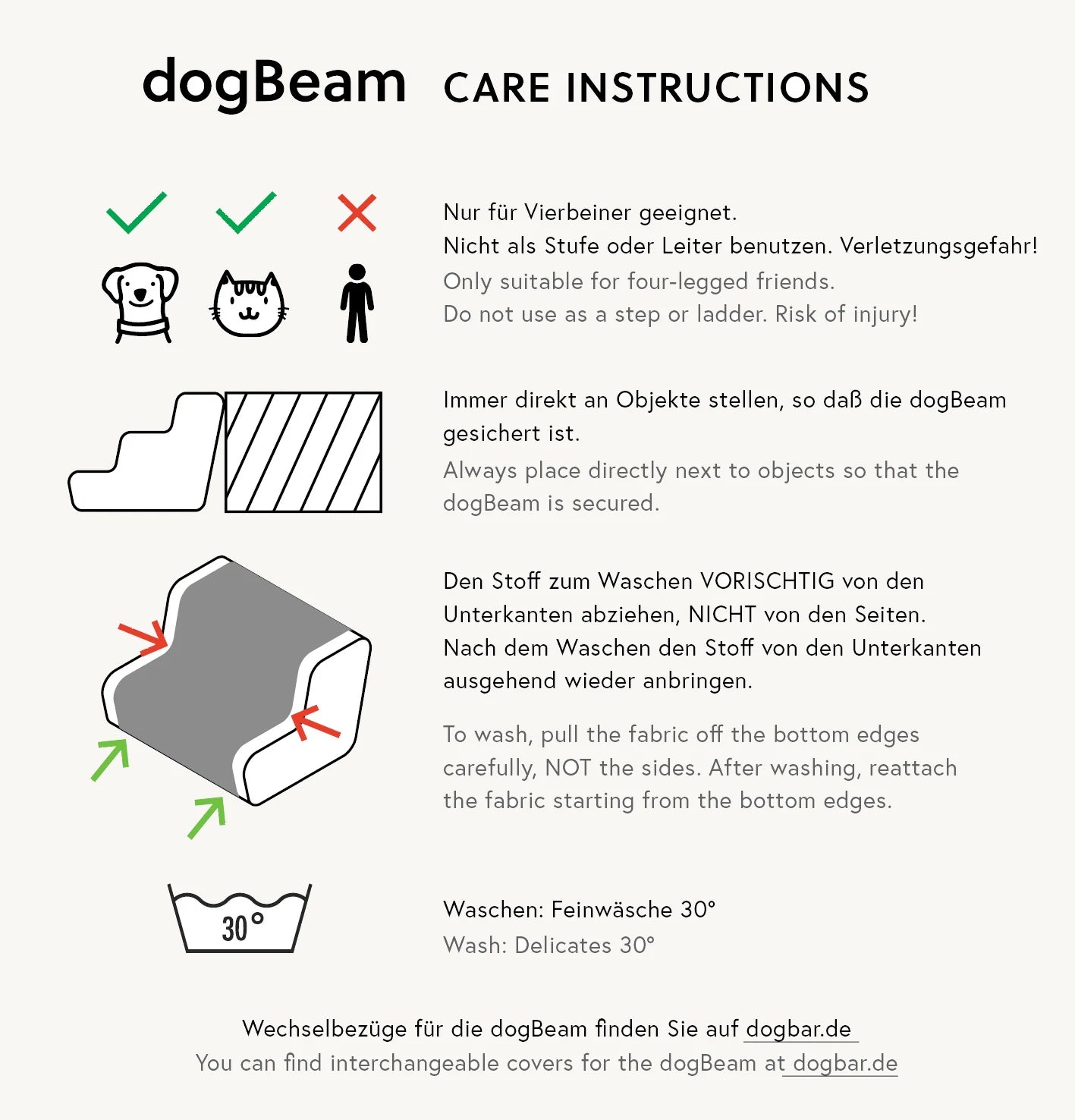 Beam – Instructions d'entretien et de pose, pictogrammes lavage et sécurité – Maison Canisya