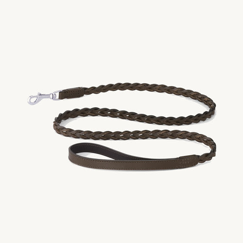 Laisse Bergamo Leash Chocolate — laisse cuir tressé chocolat sur fond neutre, vue produit — Maison Canisya