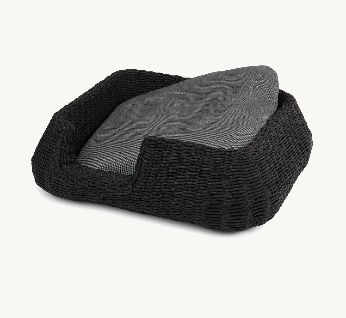 Panier pour chien Mio anthracite avec coussin gris, vue trois-quarts — Maison Canisya