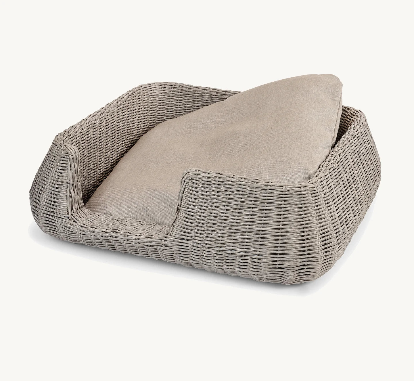 Panier pour chien Mio greige avec coussin beige, vue trois-quarts fond neutre — Maison Canisya