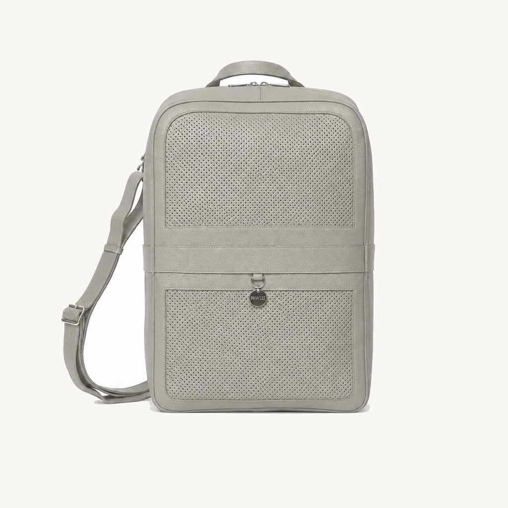 PAWLII Sac à dos de transport pour chien – cuir gris pierre, vue de face – Maison Canisya