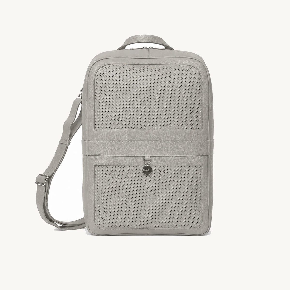 PAWLII Sac à dos de transport pour chien – cuir gris pierre, vue de face – Maison Canisya