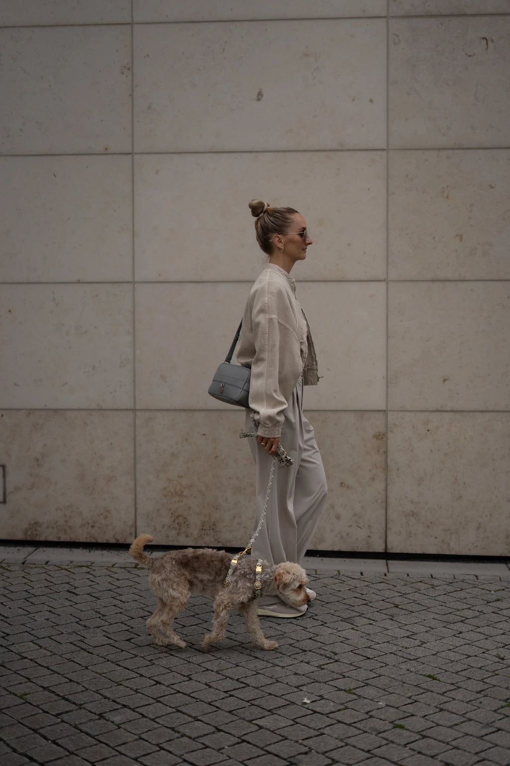 PAWLII sac bandoulière cuir Gris Pierre – en promenade avec le chien – Maison Canisya