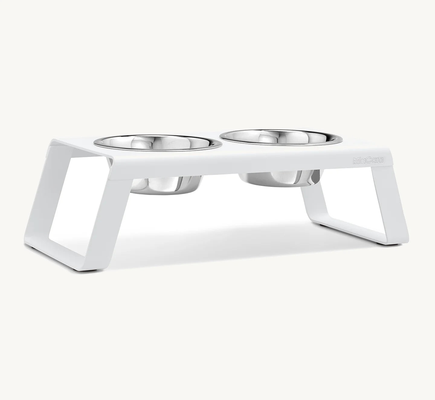 Porte-gamelle Desco Alu MiaCara blanc taille M avec bols inox, vue en angle sur fond neutre — Maison Canisya