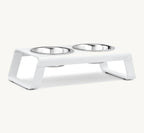 Porte-gamelle Desco Alu MiaCara blanc taille S avec bols inox, vue en angle sur fond neutre — Maison Canisya