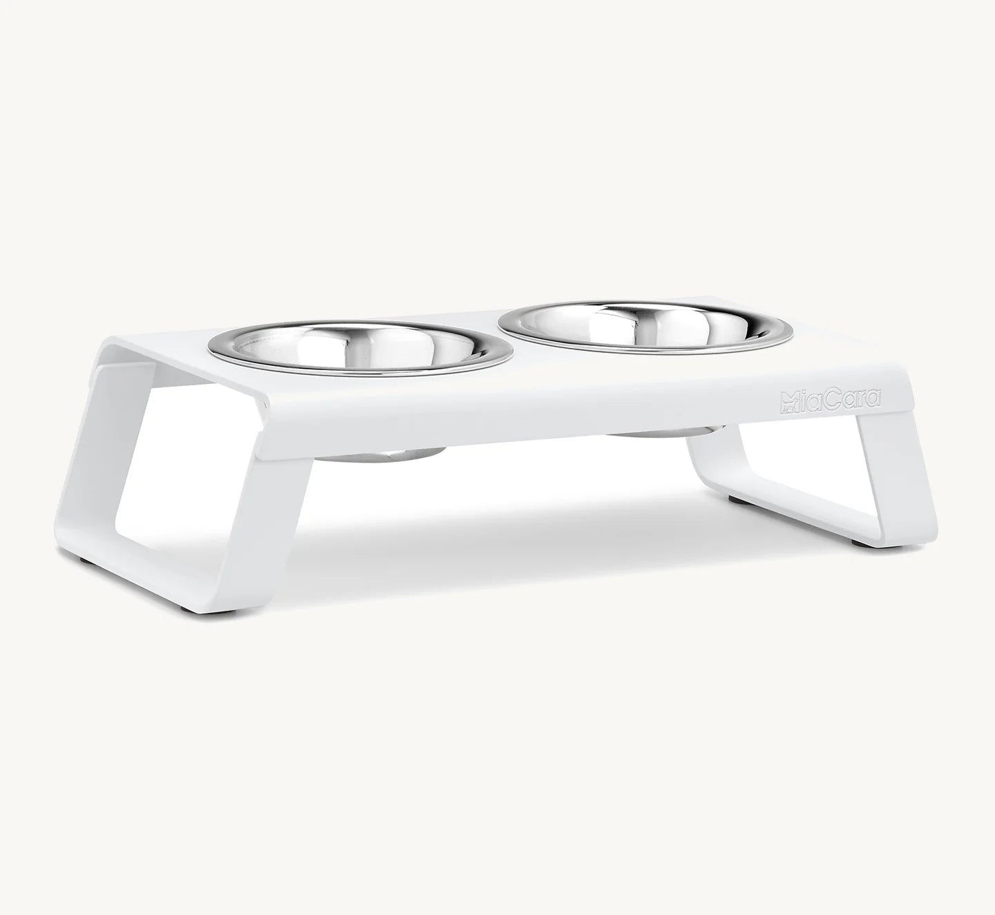 Porte-gamelle Desco Alu MiaCara blanc taille S avec bols inox, vue en angle sur fond neutre — Maison Canisya