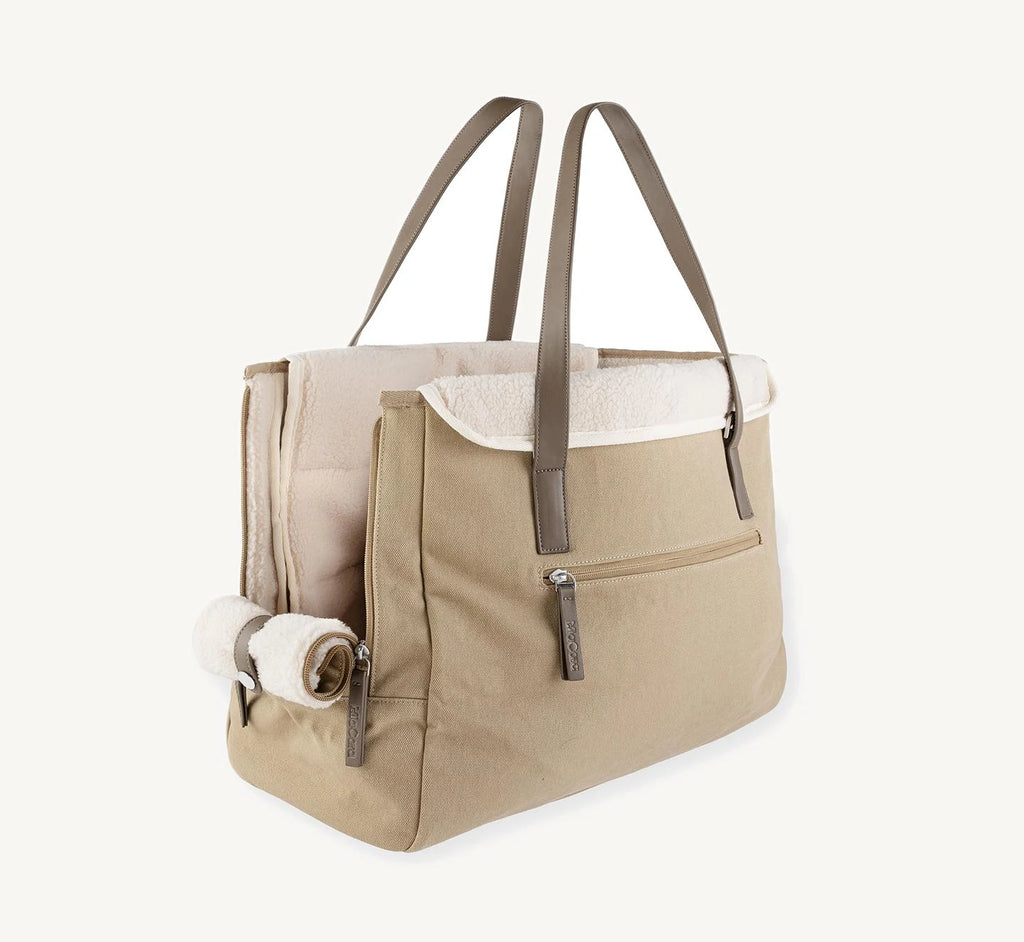 Tasca – sac beige ouvert avec coussin sherpa visible – Maison Canisya